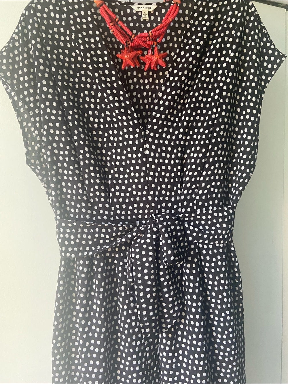 Max Studio Black and White Polka Dot Tie-Waist Jumpsuite L